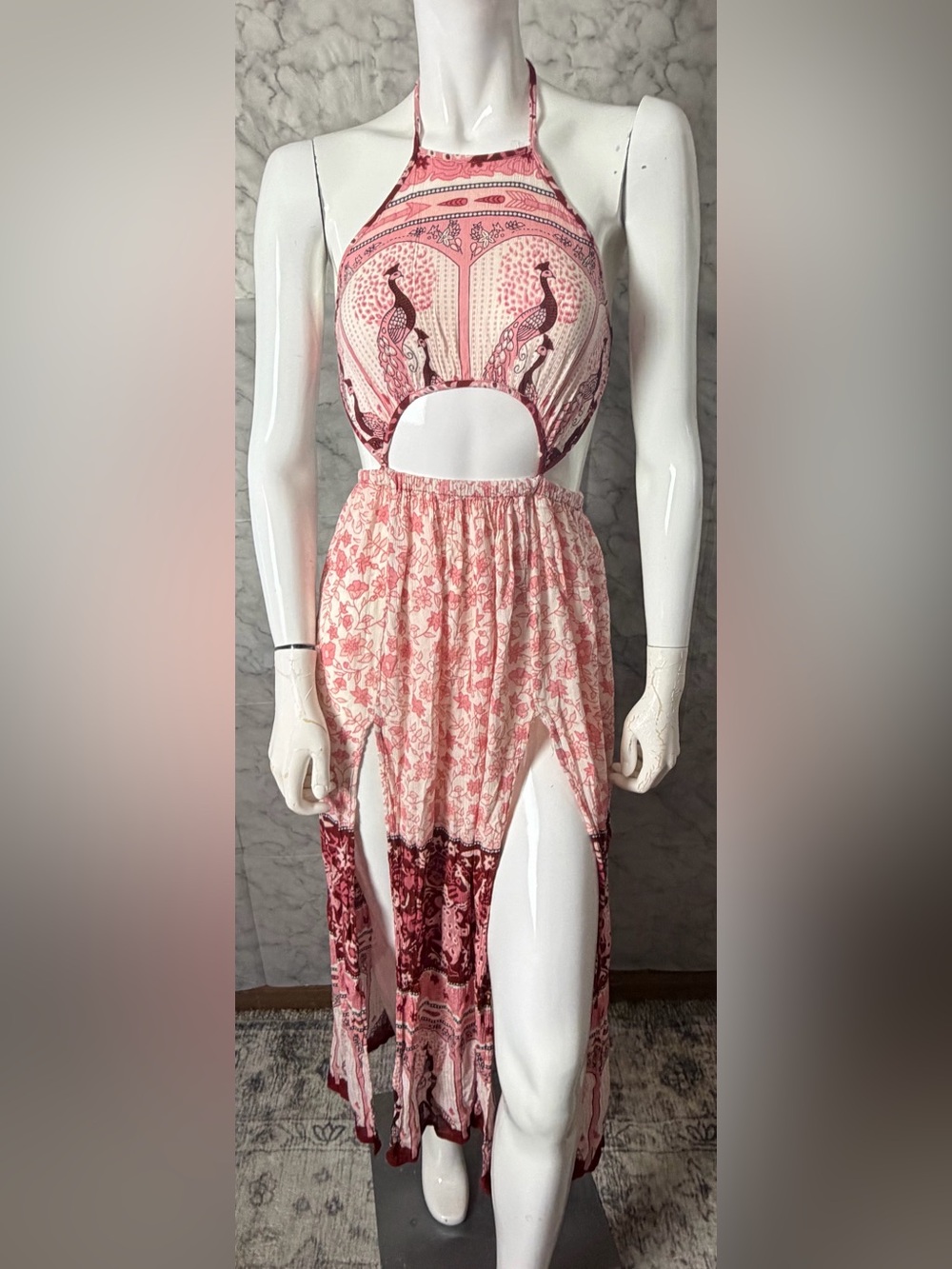 Cutout Peacock Halter Tie Neck Back Peachy Pink Burgundy Boho Vacation Dress S - Picture 3 of 13